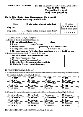 Đề thi olympic môn Tiếng Anh Khối 6 - Năm học 2014-2015 - Phòng GD & ĐT Thanh Oai (Có đáp án)
